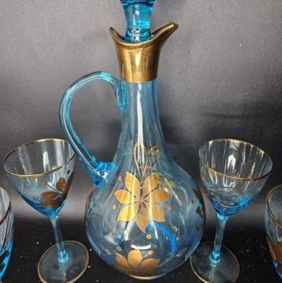 Vintage Romanian Cristo handblown aqua blue Glass, handpainted with 24‎ k gold. - Picture 7 of 10